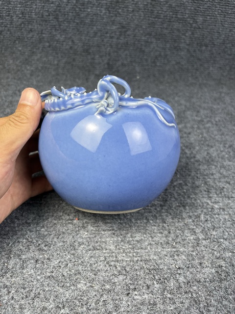 古玩陶瓷天藍釉盤魑龍紋大水洗真品鑒賞圖
