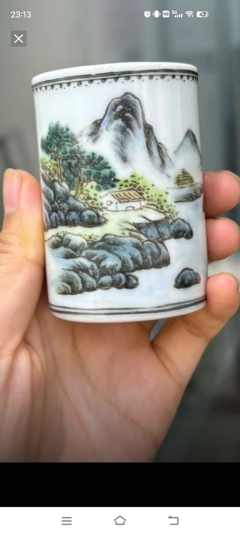 古玩陶瓷山水紋筆筒真品鑒賞圖