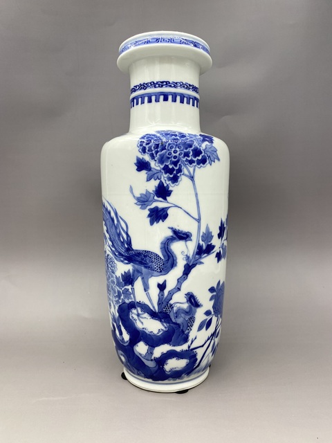 古玩陶瓷晚清 雙鳳洞石牡丹青花棒槌瓶拍賣(mài)，當(dāng)前價(jià)格7000元