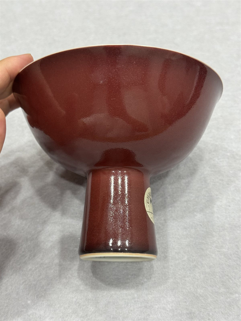 古玩陶瓷霽紅釉高足碗，模糊，偏老真品鑒賞圖