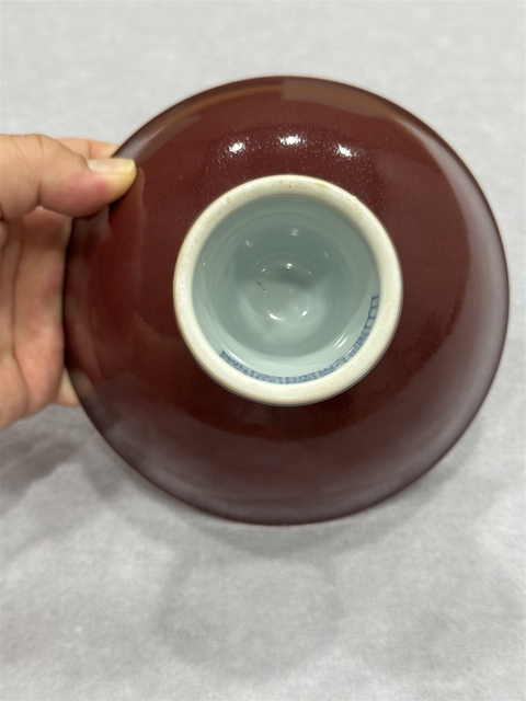 古玩陶瓷霽紅釉高足碗，模糊，偏老真品鑒賞圖