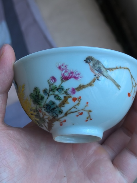 古玩陶瓷花鳥紋粉彩茶圓真品鑒賞圖