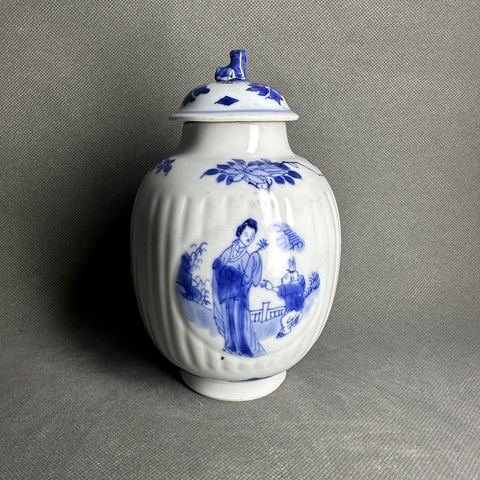 古玩陶瓷清康熙 青花人物紋蓋罐真品鑒賞圖