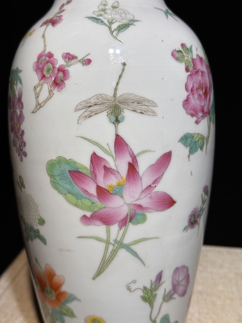 古玩陶瓷蟲草紋粉彩盤口瓶真品鑒賞圖
