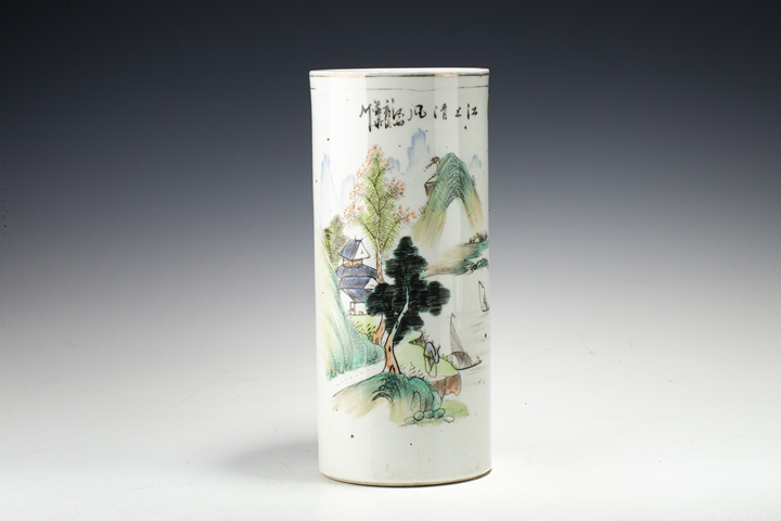 古玩陶瓷民國·淺絳彩山水人物紋帽筒真品鑒賞圖