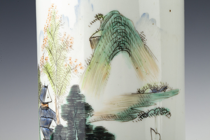 古玩陶瓷民國·淺絳彩山水人物紋帽筒真品鑒賞圖