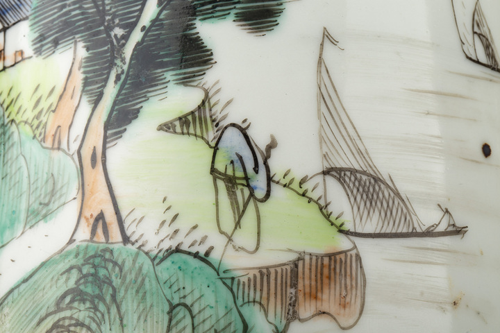 古玩陶瓷民國·淺絳彩山水人物紋帽筒真品鑒賞圖