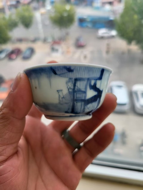 古玩陶瓷青花鳳儀亭紋茶碗真品鑒賞圖