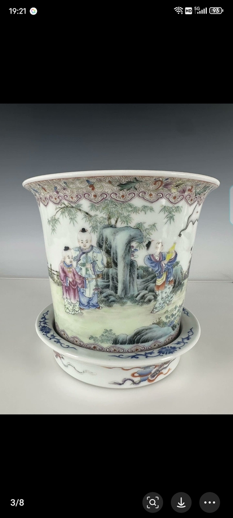 古玩陶瓷粉彩嬰戲人物紋花盆真品鑒賞圖