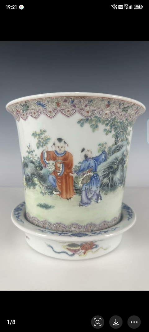 古玩陶瓷粉彩嬰戲人物紋花盆真品鑒賞圖