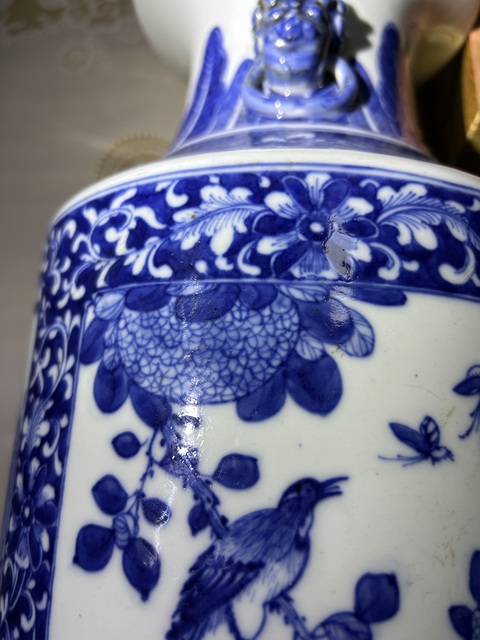 古玩陶瓷青花開窗花鳥山水紋雙耳瓶真品鑒賞圖