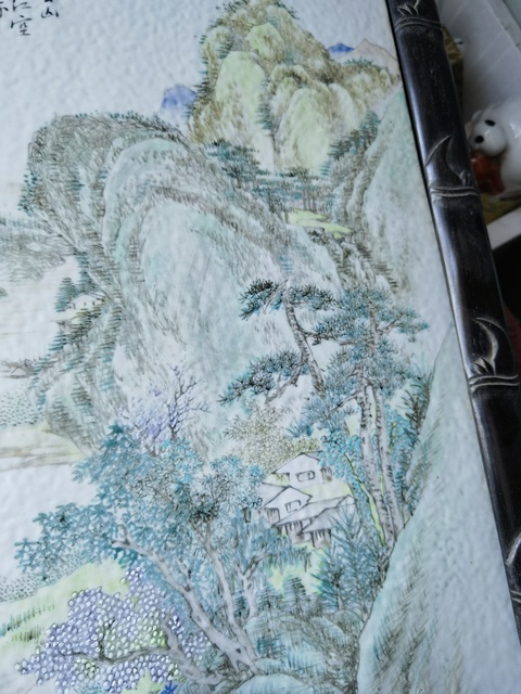 古玩陶瓷淺絳山水紋瓷板真品鑒賞圖