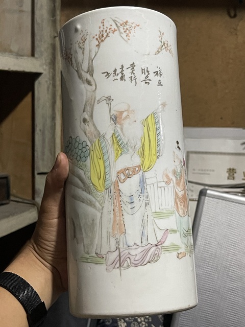 古玩陶瓷壽星圖玉璧底帽筒真品鑒賞圖