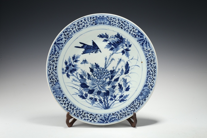 古玩陶瓷清中晚·青花富貴白頭紋大盤真品鑒賞圖