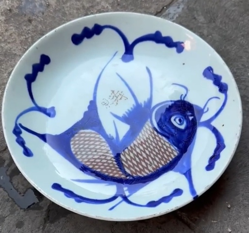 古玩陶瓷青花釉里紅魚藻紋盤真品鑒賞圖