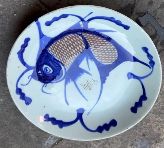 古玩陶瓷青花釉里紅魚藻紋盤真品鑒賞圖