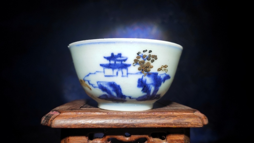 古玩陶瓷清康熙·青花加彩山水花卉紋杯碟真品鑒賞圖