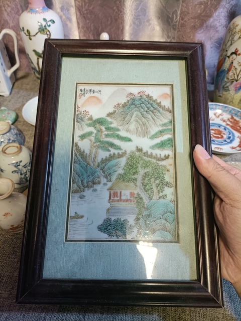 古玩陶瓷粉彩山水人物瓷板真品鑒賞圖