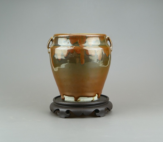 古玩陶瓷精品:明晚期定窯系紫金釉柿紅斑雙系罐拍賣，當前價格132元