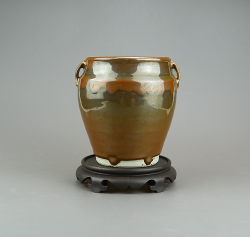 古玩陶瓷精品:明晚期定窯系紫金釉柿紅斑雙系罐拍賣，當前價格132元