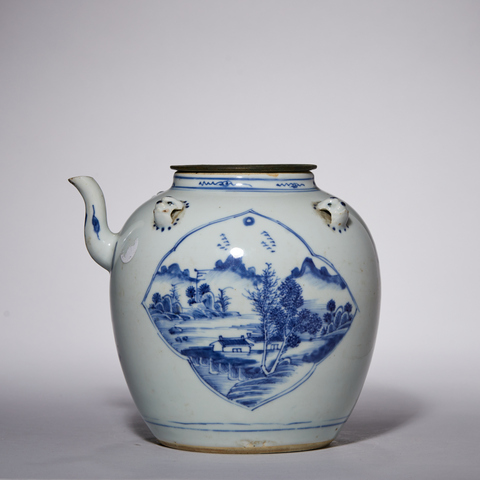 古玩陶瓷青花開(kāi)光山水人物四系壺真品鑒賞圖