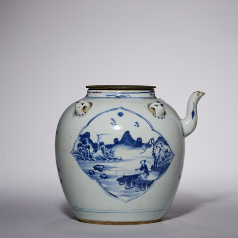 古玩陶瓷青花開(kāi)光山水人物四系壺真品鑒賞圖