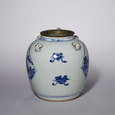 古玩陶瓷青花開(kāi)光山水人物四系壺真品鑒賞圖