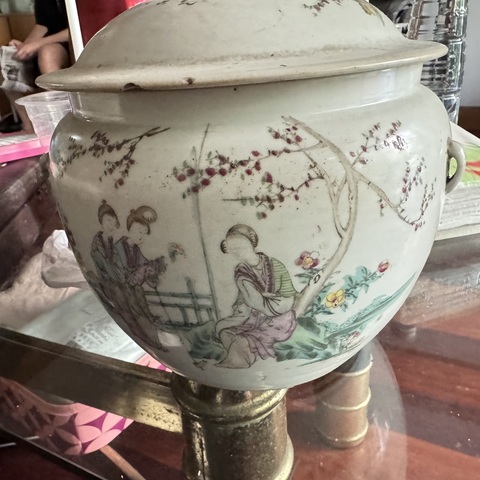 古玩陶瓷民國新粉彩林茂題材帽桶一對真品鑒賞圖