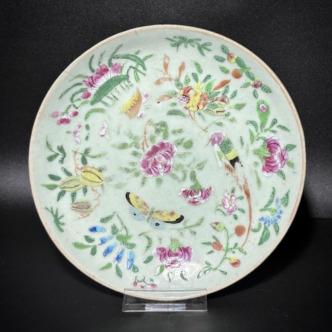 古玩陶瓷豆青加彩花鳥紋盤真品鑒賞圖