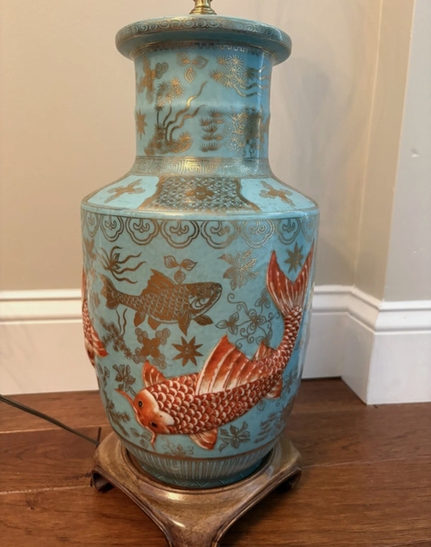 古玩陶瓷松石綠釉礬紅描金魚藻紋棒槌真品鑒賞圖