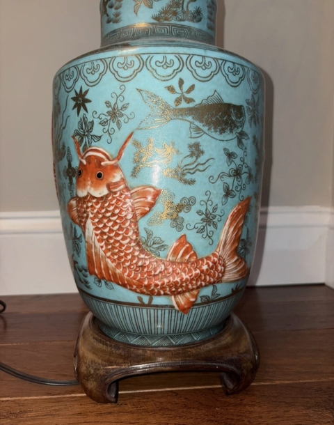 古玩陶瓷松石綠釉礬紅描金魚藻紋棒槌真品鑒賞圖