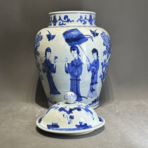 古玩陶瓷仕女紋青花將軍罐真品鑒賞圖