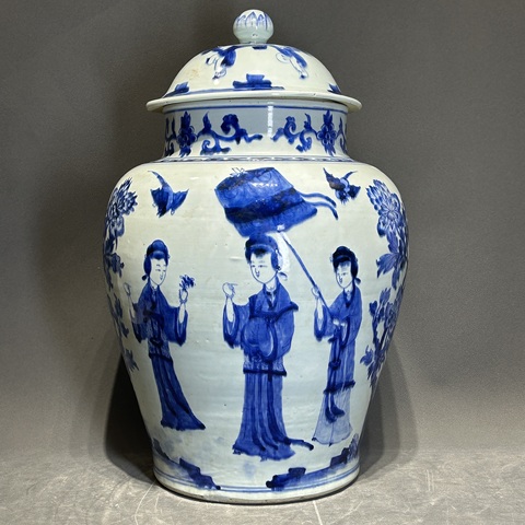 古玩陶瓷仕女紋青花將軍罐真品鑒賞圖