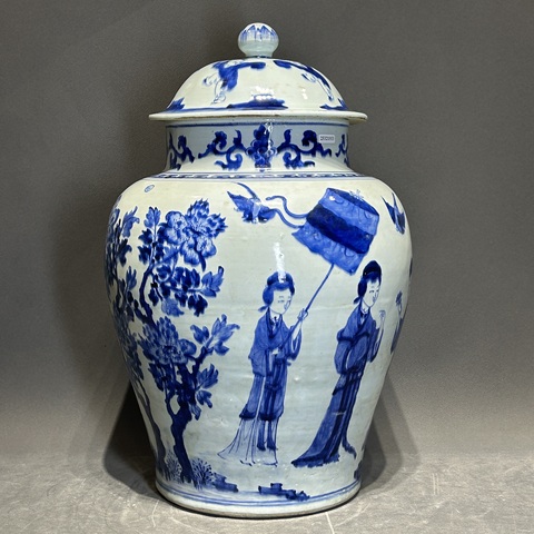 古玩陶瓷仕女紋青花將軍罐真品鑒賞圖
