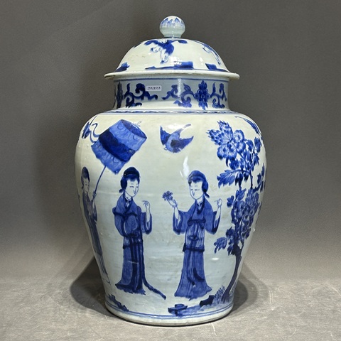 古玩陶瓷仕女紋青花將軍罐真品鑒賞圖
