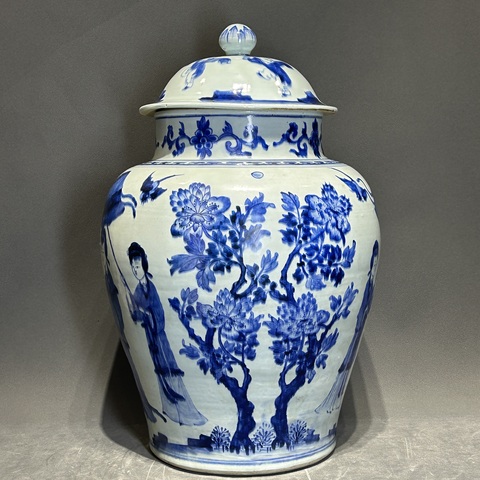 古玩陶瓷仕女紋青花將軍罐真品鑒賞圖