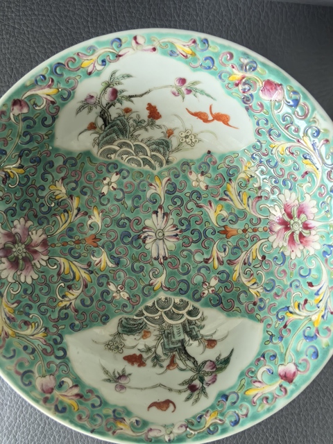 古玩陶瓷松石綠地粉彩開窗靈仙祝壽紋大碗拍賣，當前價格5000元