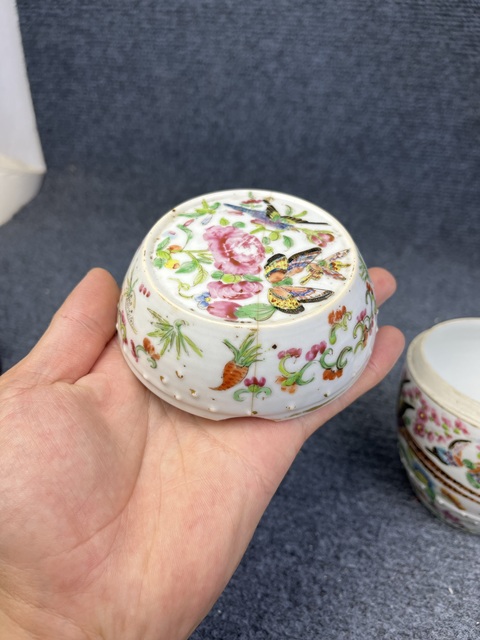 古玩陶瓷廣彩花鳥紋鼓釘蓋缸真品鑒賞圖