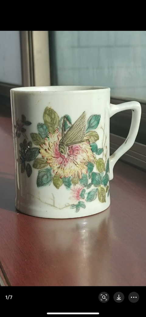古玩陶瓷粉彩蟲草紋把杯真品鑒賞圖