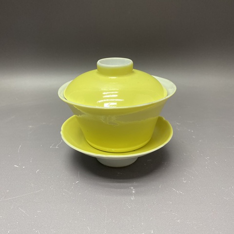 古玩陶瓷黃釉三才蓋杯真品鑒賞圖