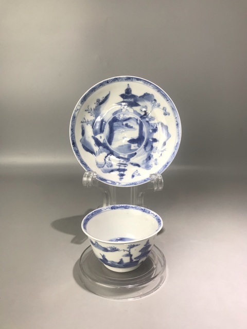 古玩陶瓷通景山水人物紋杯碟真品鑒賞圖