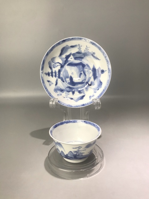 古玩陶瓷通景山水人物紋杯碟真品鑒賞圖