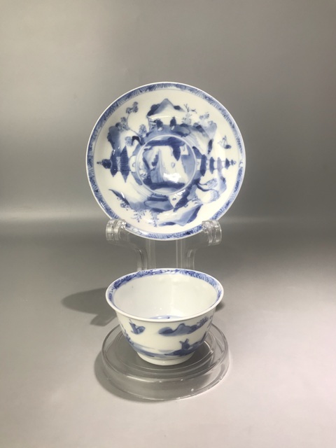 古玩陶瓷通景山水人物紋杯碟真品鑒賞圖