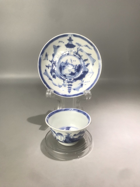 古玩陶瓷通景山水人物紋杯碟真品鑒賞圖