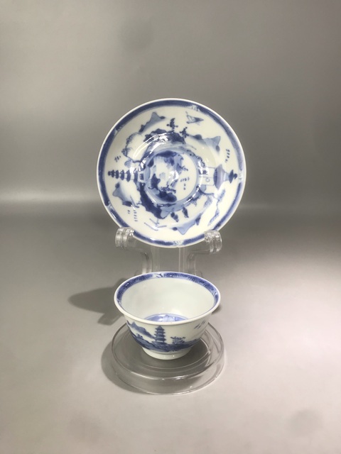 古玩陶瓷通景山水人物紋杯碟真品鑒賞圖