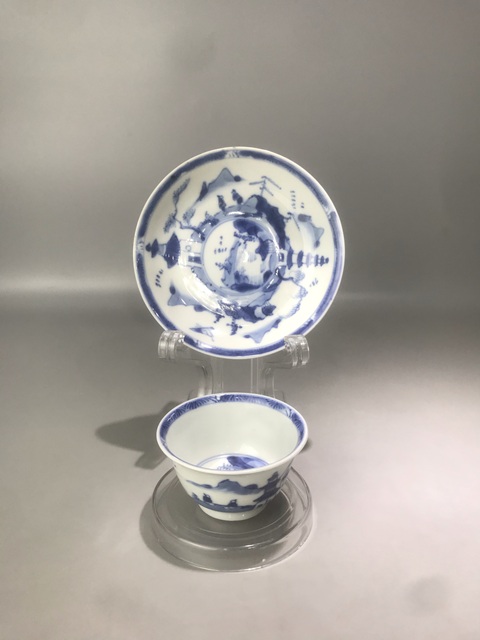 古玩陶瓷通景山水人物紋杯碟真品鑒賞圖