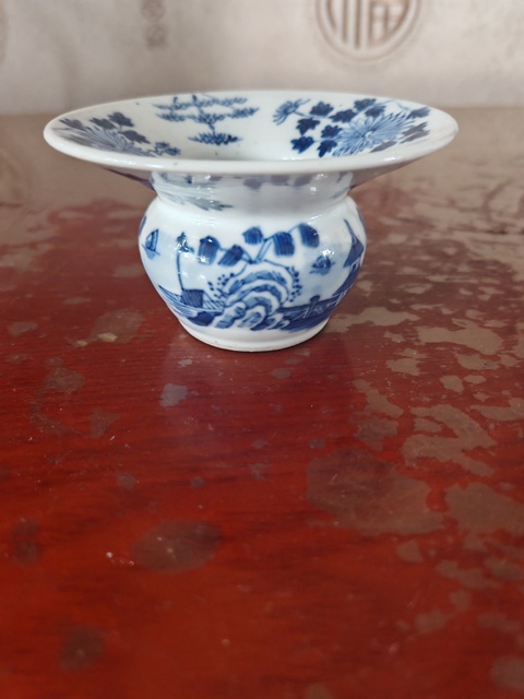 古玩陶瓷青花山水人物紋渣斗，模糊偏老真品鑒賞圖