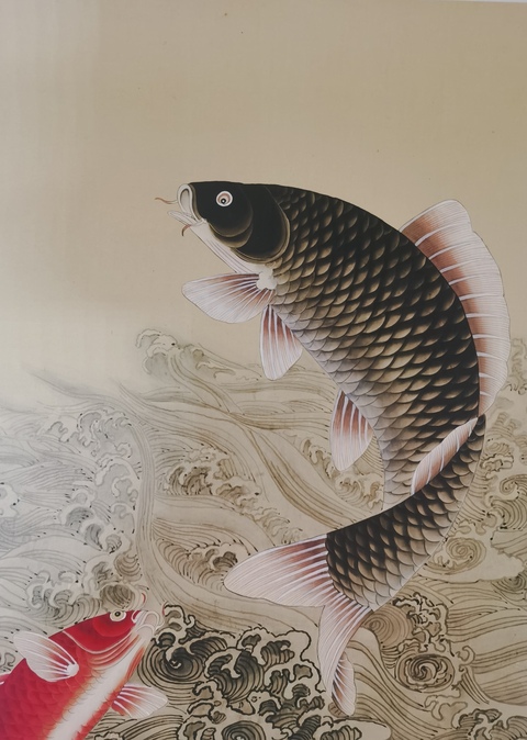 古玩字畫工筆重彩大師黃均入室弟子已故中美協北京會員蔡云魚躍龍門拍賣，當前價格12000元