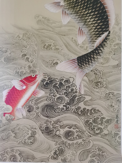 古玩字畫工筆重彩大師黃均入室弟子已故中美協北京會員蔡云魚躍龍門拍賣，當前價格12000元