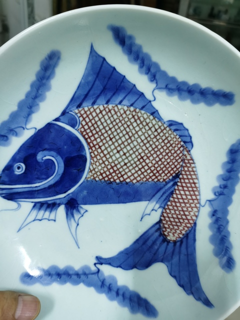 古玩陶瓷青花釉里紅魚藻紋盤真品鑒賞圖